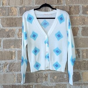 Esqualo Lightweight Linen Pastel Harlequin Cardigan Size Small White Aqua Blue